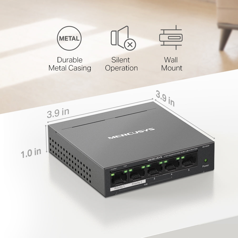 MS105GP 5-Port Gigabit Desktop Switch with 4-Port PoE+ | 65W PoE Budget, 250m Long Range, Plug & Play, IEEE 802.3af/at Compliant