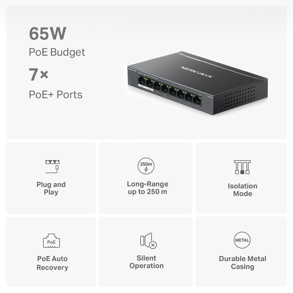 MERCUSYS MS108GP | 8-Port Gigabit PoE+ Desktop Switch | 65W Total PoE Budget, Long-Range Mode, Plug-and-Play