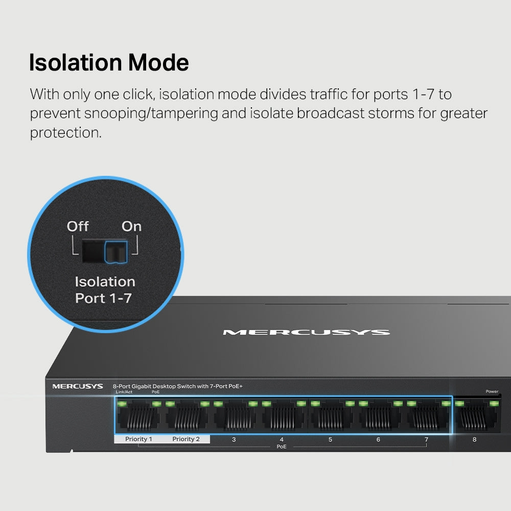 MERCUSYS MS108GP | 8-Port Gigabit PoE+ Desktop Switch | 65W Total PoE Budget, Long-Range Mode, Plug-and-Play