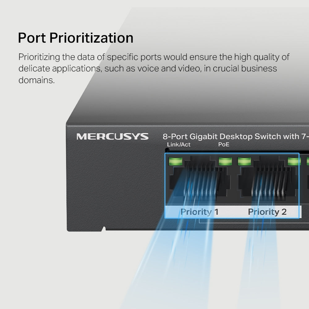 MERCUSYS MS108GP | 8-Port Gigabit PoE+ Desktop Switch | 65W Total PoE Budget, Long-Range Mode, Plug-and-Play