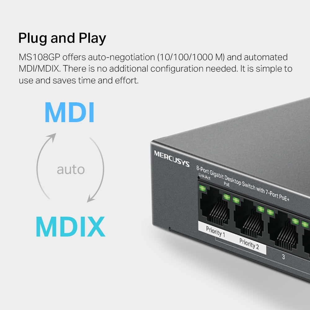 MERCUSYS MS108GP | 8-Port Gigabit PoE+ Desktop Switch | 65W Total PoE Budget, Long-Range Mode, Plug-and-Play