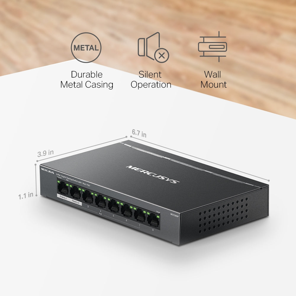 MERCUSYS MS108GP | 8-Port Gigabit PoE+ Desktop Switch | 65W Total PoE Budget, Long-Range Mode, Plug-and-Play