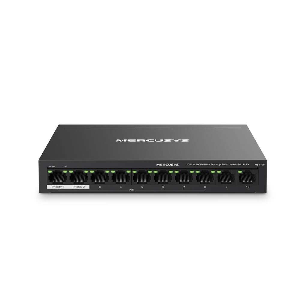 MS110P 10-Port 10/100Mbps Desktop PoE+ Switch | 8-Port PoE+, 65W Budget, 250m Range, Plug & Play, Auto Recovery