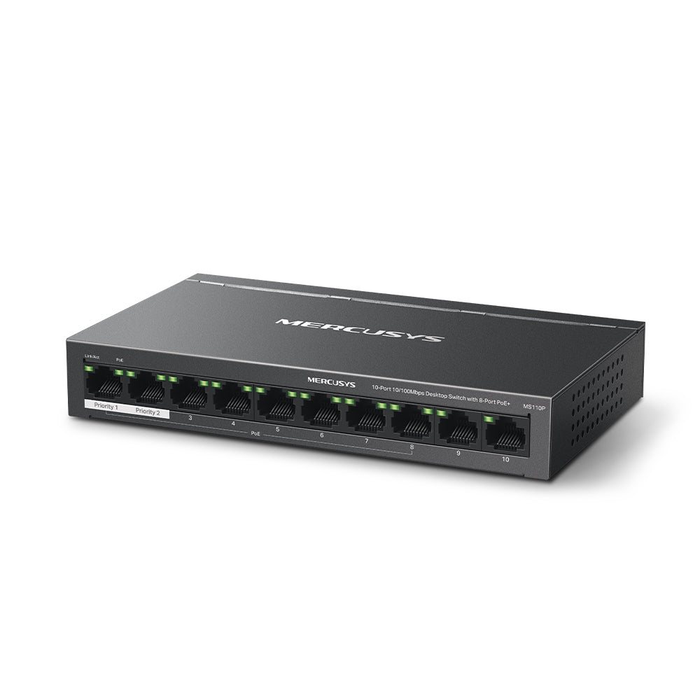 MS110P 10-Port 10/100Mbps Desktop PoE+ Switch | 8-Port PoE+, 65W Budget, 250m Range, Plug & Play, Auto Recovery