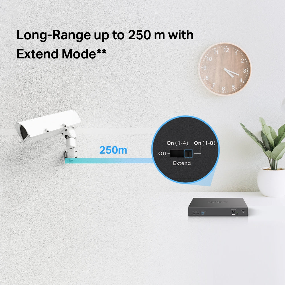 MS110P 10-Port 10/100Mbps Desktop PoE+ Switch | 8-Port PoE+, 65W Budget, 250m Range, Plug & Play, Auto Recovery