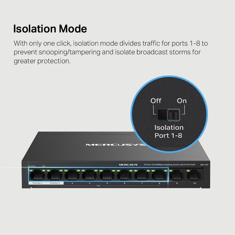MS110P 10-Port 10/100Mbps Desktop PoE+ Switch | 8-Port PoE+, 65W Budget, 250m Range, Plug & Play, Auto Recovery