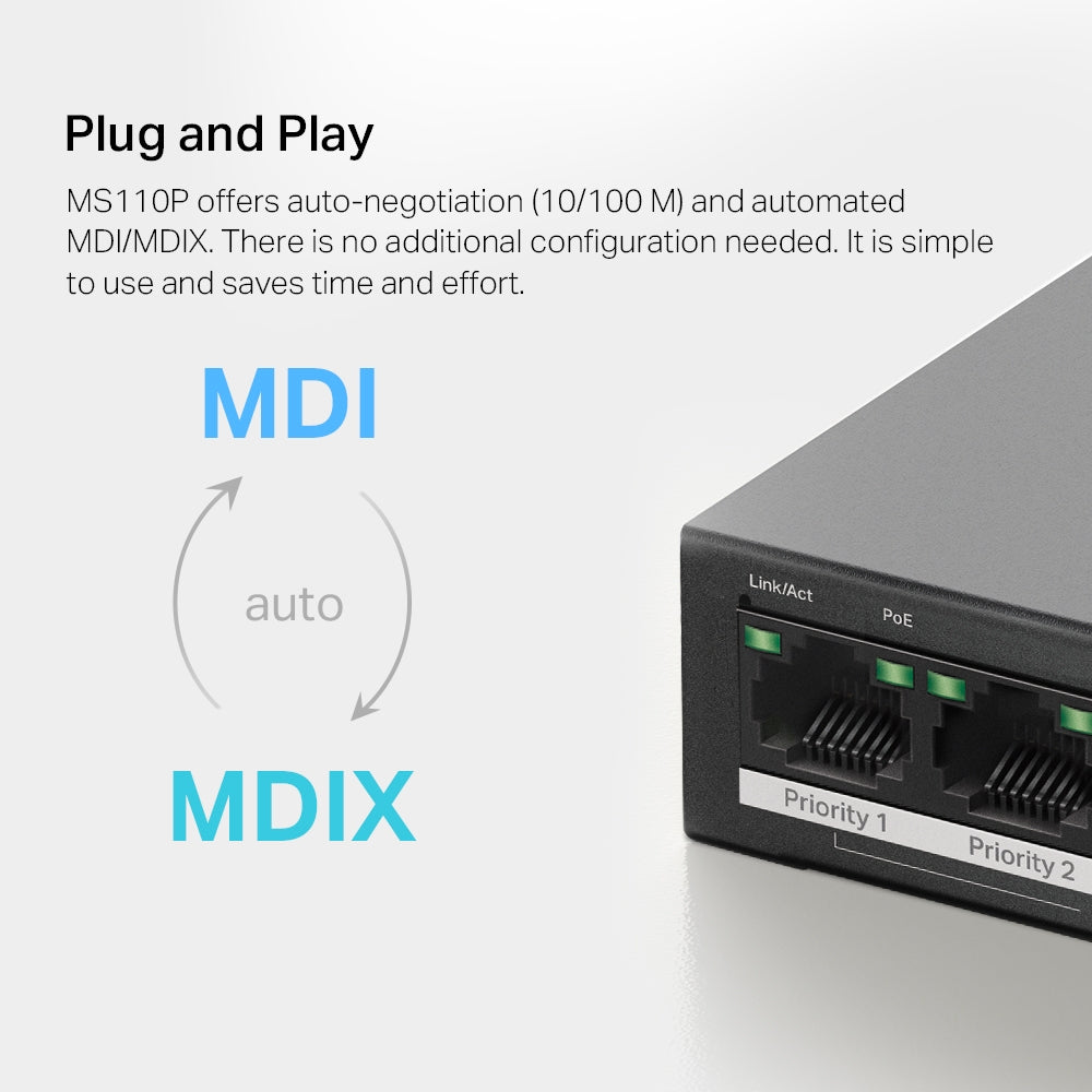 MS110P 10-Port 10/100Mbps Desktop PoE+ Switch | 8-Port PoE+, 65W Budget, 250m Range, Plug & Play, Auto Recovery