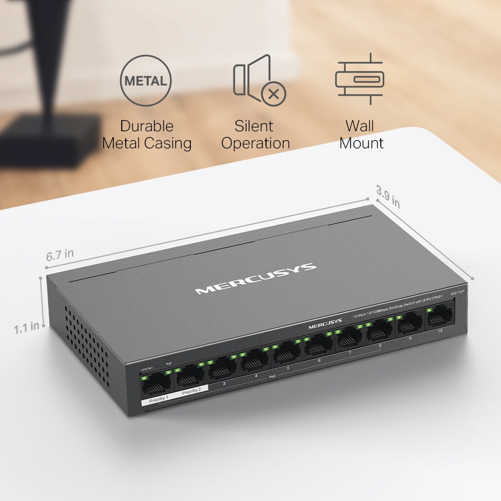 MS110P 10-Port 10/100Mbps Desktop PoE+ Switch | 8-Port PoE+, 65W Budget, 250m Range, Plug & Play, Auto Recovery