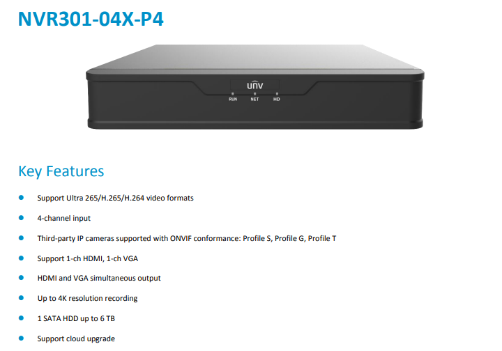 UNIVIEW EASY 4 Channel NVR with 4x PoE Ports Ultra 265/H.265/H.264 – NVR301-04X-P4