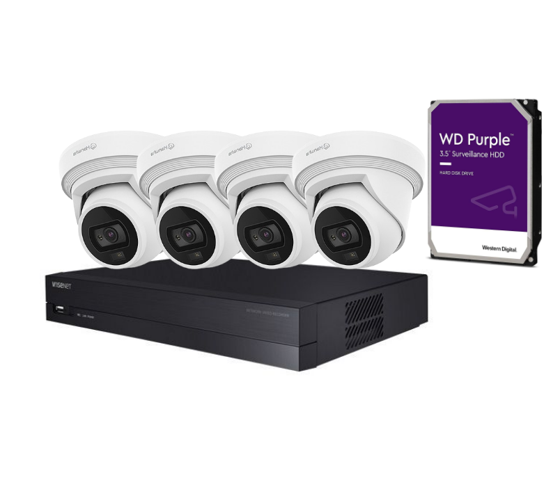 Hanwha Wisenet upto x4 8MP Q-Core Cameras kit with 4 channel NVR with HDD QNE-C9013RL