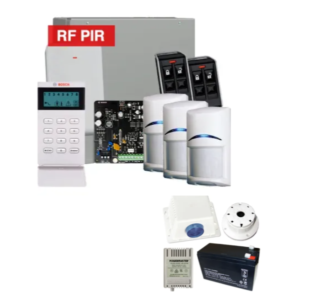 Bosch Solution 4000 Wireless Alarm Kit – 32-Zone Security System with ICP-SOL4-P Panel, 3x RFPR-12 PIR Sensors, LCD Keypad, B810 Receiver, RFKF-FB Remotes – K4000-3WPIR-PREM