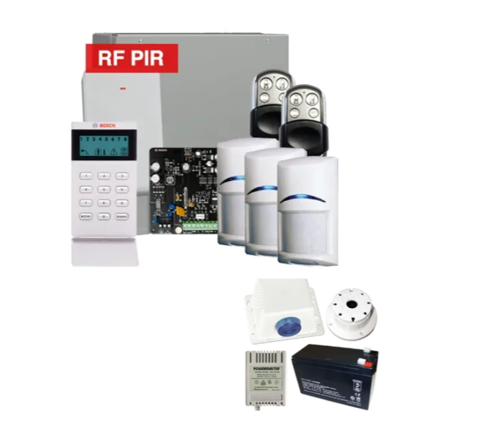 Bosch Solution 4000 Wireless Alarm Kit – 32-Zone Security System with ICP-SOL4-P Panel, 3x RFPR-12 PIR Sensors, LCD Keypad, B810 Receiver, RFKF-FB Remotes – K4000-3WPIR-PREM