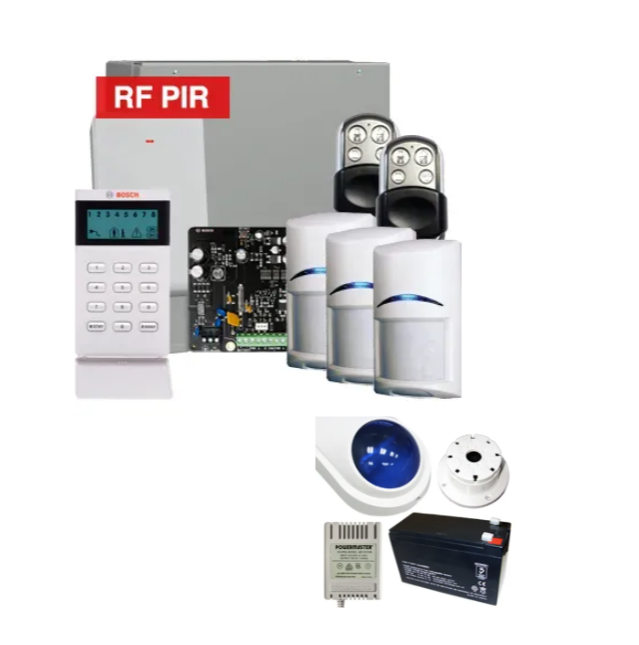 Bosch Solution 4000 Wireless Alarm Kit – 32-Zone Security System with ICP-SOL4-P Panel, 3x RFPR-12 PIR Sensors, LCD Keypad, B810 Receiver, RFKF-FB Remotes – K4000-3WPIR-PREM