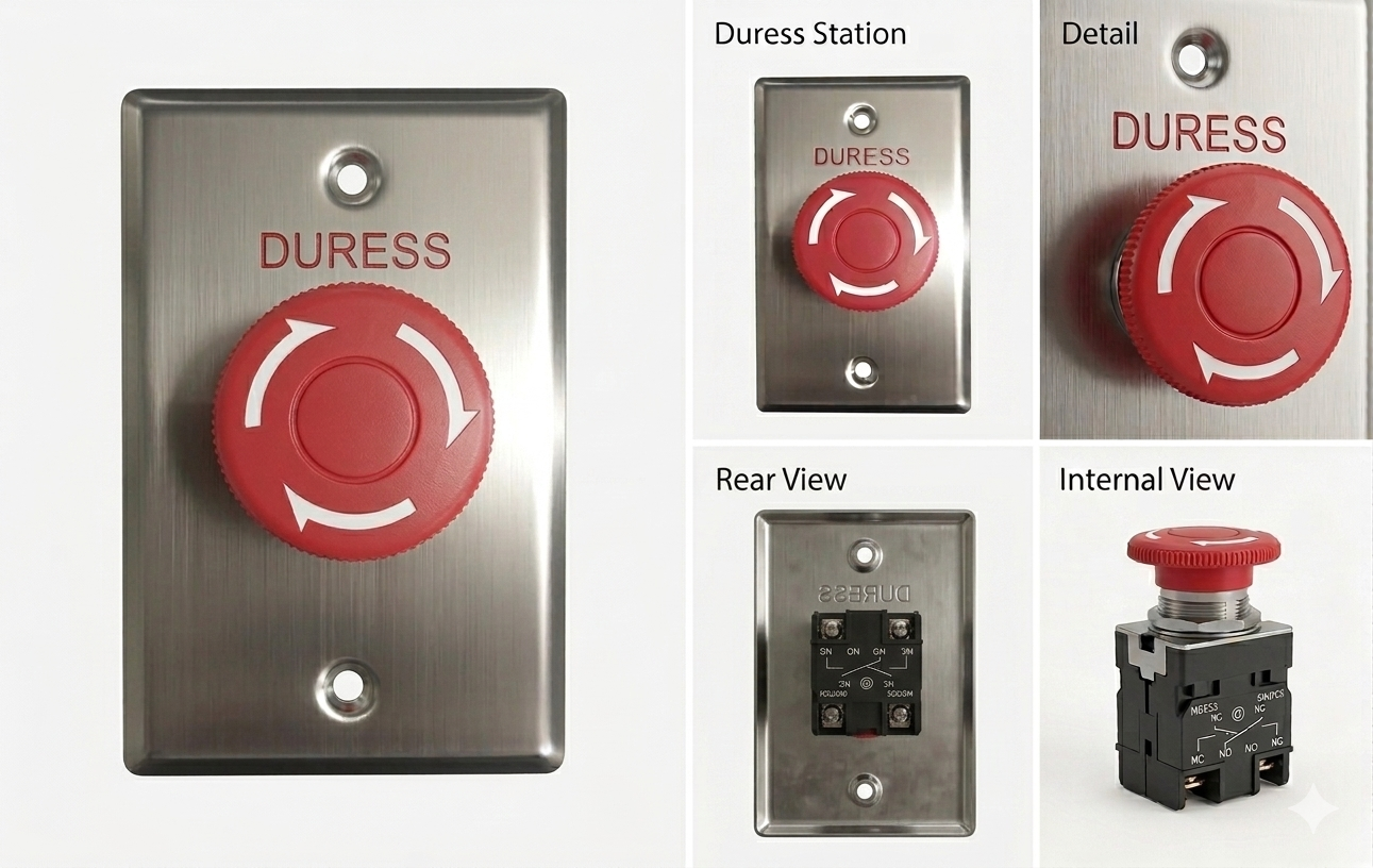 Red Switch plate, Wall, Labelled "Duress", Stainless steel, With red twist to release push button, N/O and N/C contacts