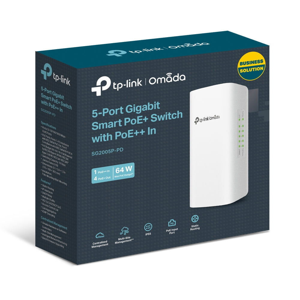 TP-Link Omada SG2005P-PD 5-Port Gigabit Smart Switch | PoE++ In, 4-Port PoE+ Out, IP55 Outdoor, Long-Range PoE Passthrough