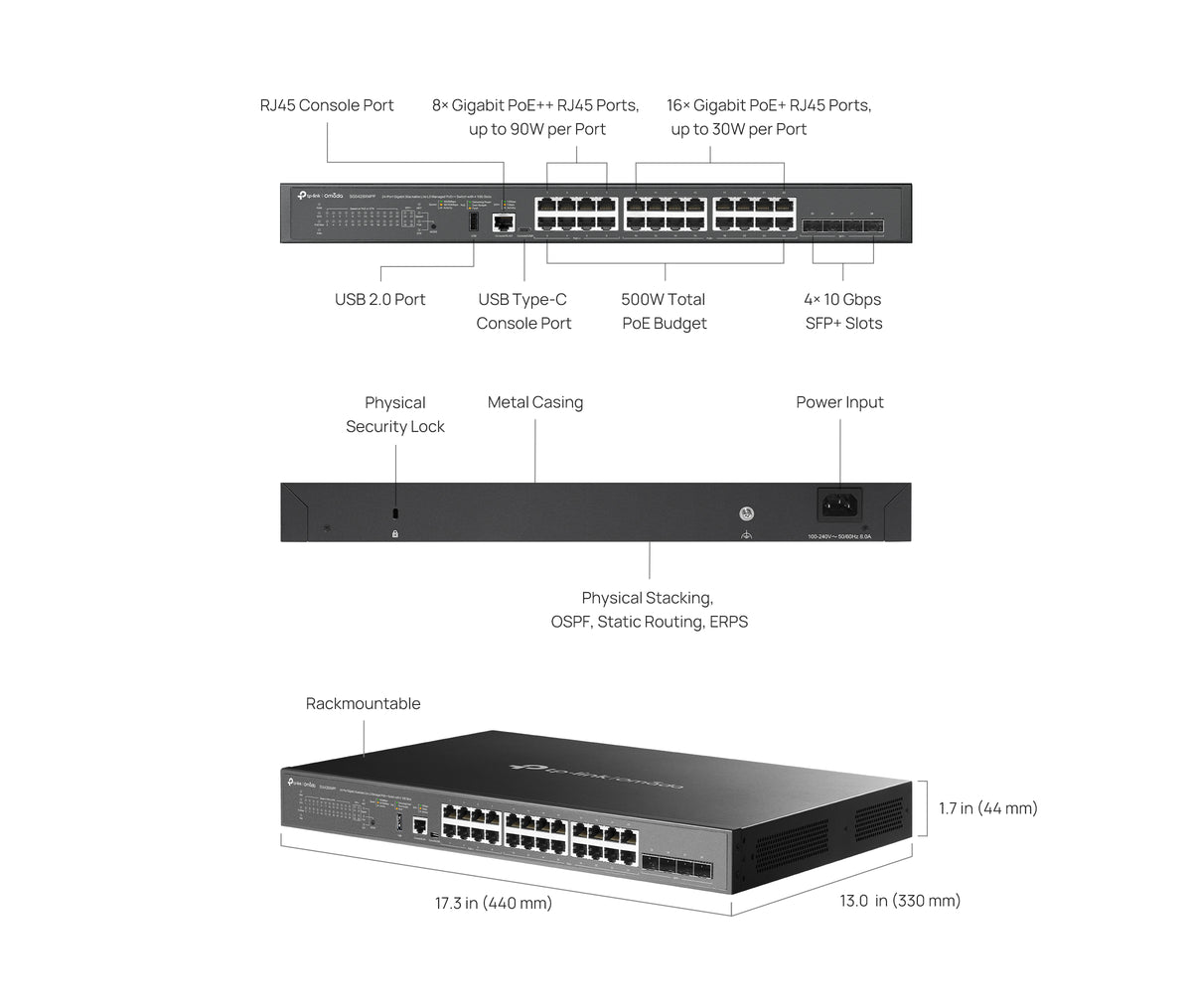 TP-Link Omada SG5428XMPP 24-Port Gigabit Stackable Lite L3 Managed PoE++ Switch – 500W PoE, 4× 10G SFP+