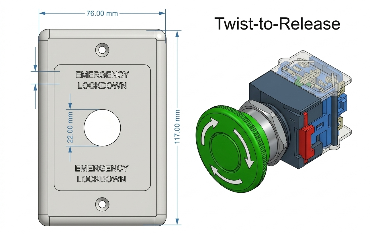 Emergency Lockdown Push Button Switch Plate – ARLSWP-46G/R | 40mm Emergency Stop Button | Green Lockdown Switch | Heavy Duty Panel Mount "Emergency Lockdown" Engraved on Standard Plastic Plate (Latching)