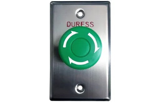 निकास स्विच, स्विच प्लेट, दीवार, लेबल "ड्यूरेस", स्टेनलेस स्टील, पुश बटन जारी करने के लिए हरे रंग के मोड़ के साथ, एन/ओ और एन/सी संपर्क