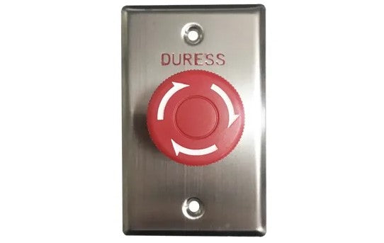 Exit switch, red, Switch plate, Wall, Labelled "Duress", Stainless steel, With red twist to release push button, N/O and N/C contacts