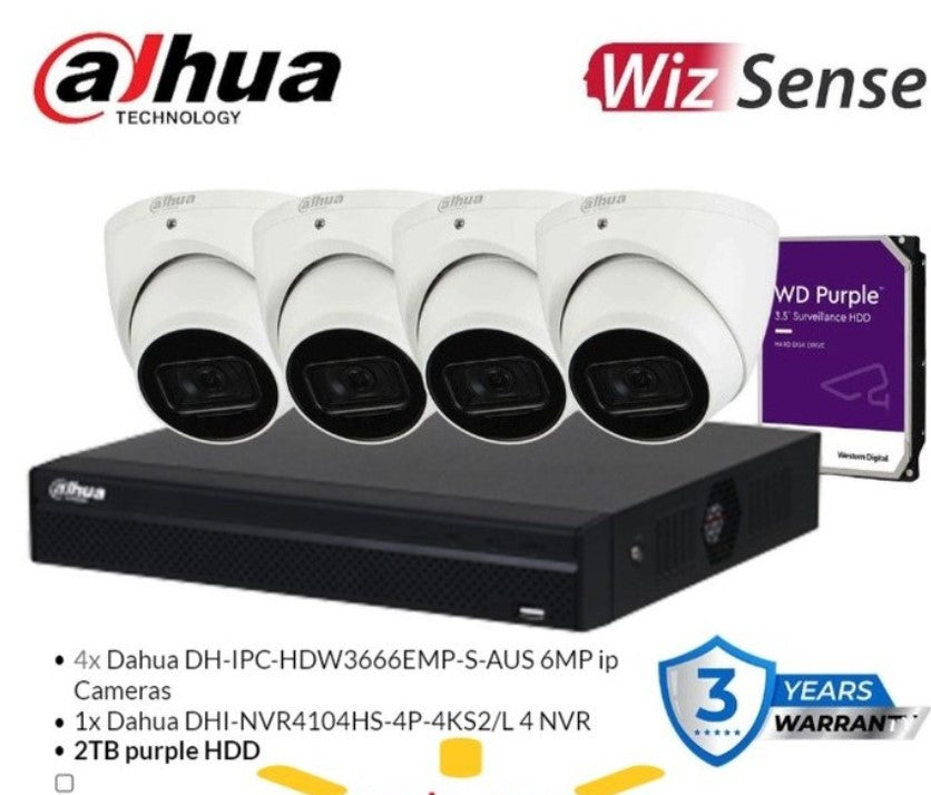 दहुआ 4CH NVR किट जिसमें 4x 6MP दहुआ DH-IPC-HDWDH-IPC-HDW3666EMP-S-AUS 4 कैमरे बुर्ज, WizSense +2TB HDD शामिल हैं