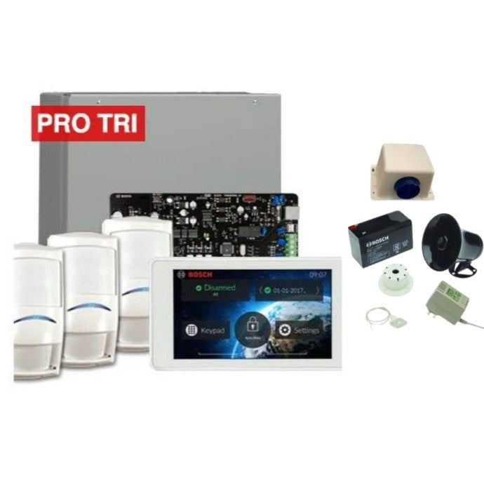 BOSCH Solution 3000 Alarm kit Includes ICP-SOL3-P panel, IUI-SOL-TS5 5" Touch screen, 3x ISC-PDL1-W18G pro tritech detectors+ Siren kit
