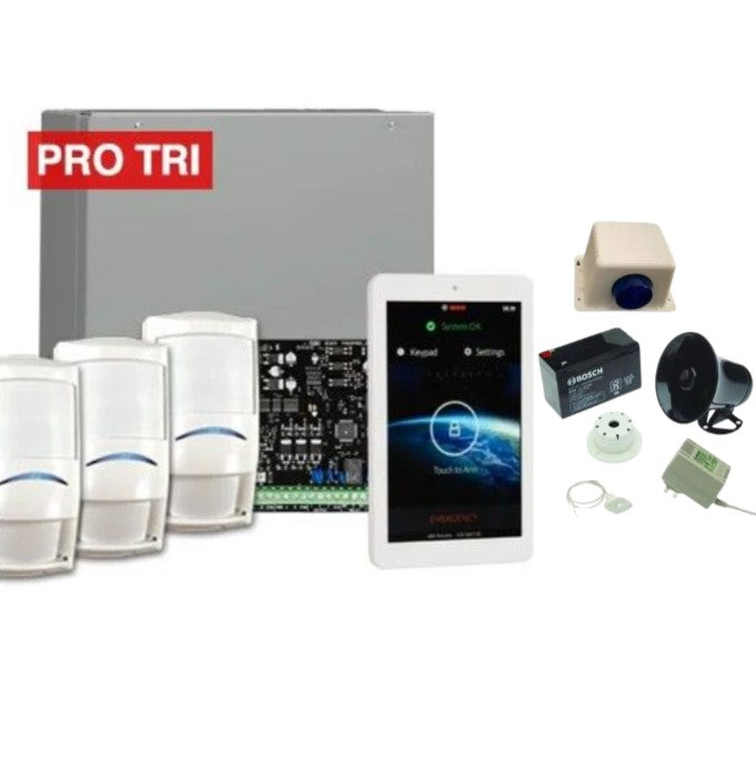 BOSCH, Solution 3000, Alarm kit, Includes ICP-SOL3-P panel, IUI-SOL-TS7 7" Touch screen, 3x ISC-PDL1-W18G pro tritech detectors + Siren kit