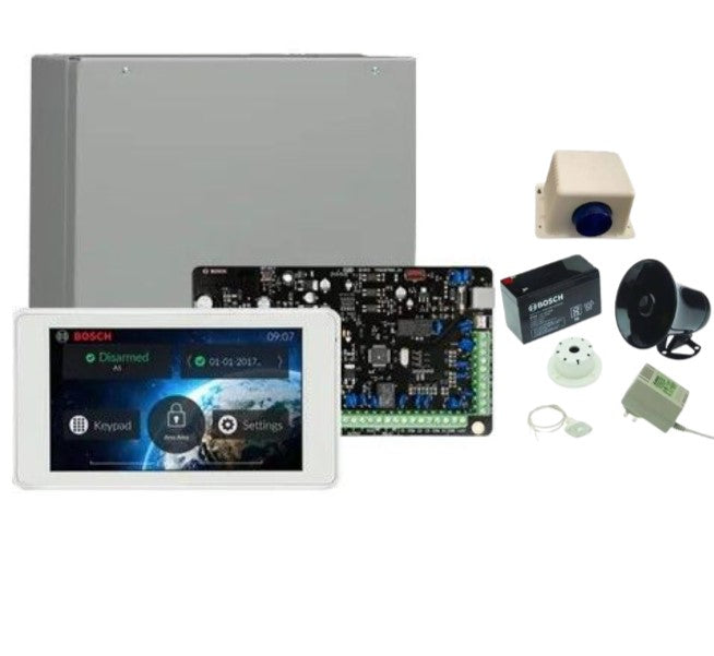 BOSCH, Solution 3000, Alarm kit, Includes ICP-SOL3-P panel, IUI-SOL-TS5 5" Touch Screen keypad + Siren kit