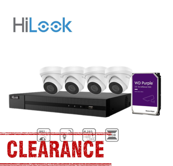 HiLook 4x 4MP 网络摄像机 IPC-T240H-MU（白色）+ Hilook 4 通道 PoE NVR 4K + WD HDD 套件
