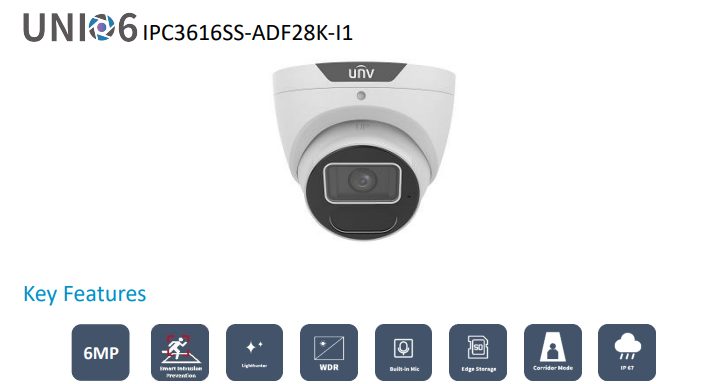 Uniview UNI6 PRIME-II 6MP AI Turret IP Camera with People Counting, 2.8mm Fixed Lens, LightHunter IR 40m, IP67, IPC3616SS-ADF28K-I1