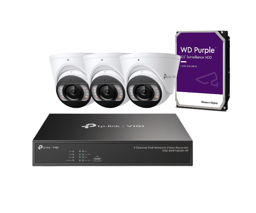 TP-Link 4x Camera Security Kit with HDD – InSight S485 8MP Full-Color Turret Cameras + VIGI NVR1004H-4P PoE+ Network Video Recorder