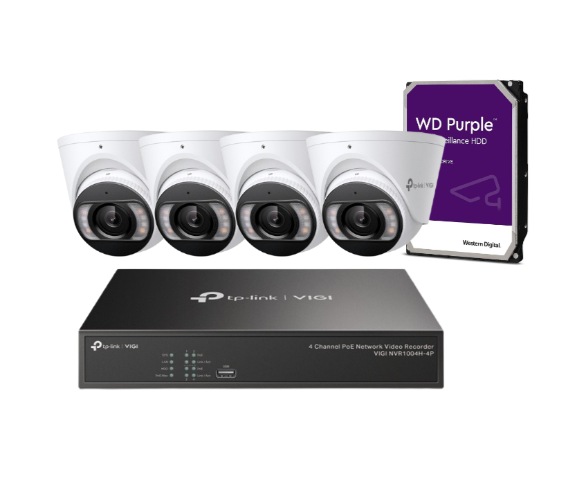TP-Link 4x Camera Security Kit with HDD – InSight S485 8MP Full-Color Turret Cameras + VIGI NVR1004H-4P PoE+ Network Video Recorder