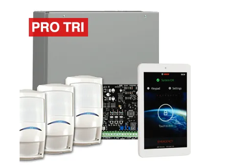 Bosch Solution 4000 Alarm Kit with ICP-SOL4-P Panel, IUI-SOL-TS7 7" Touchscreen Keypad, 3x ISC-PDL1-W18G Tri-Tech Detectors & Siren Kit – K4000-3PROTRI-TS7