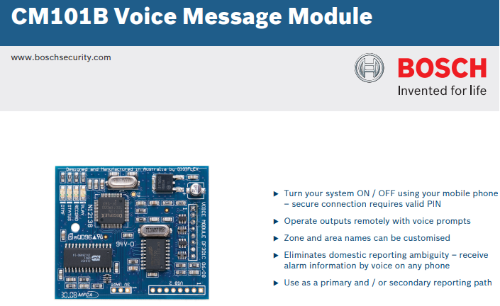 Bosch CM101B Voice Message Module – Plug-On Voice Reporting & Remote Control for Solution 6000 & 16i Alarm Panels