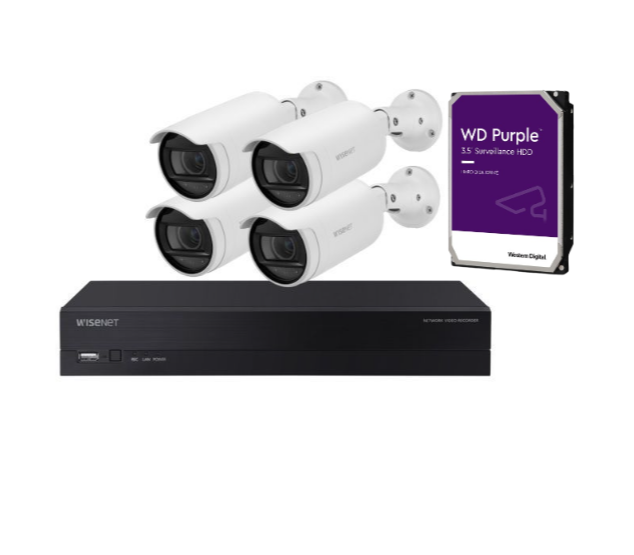 Hanwha Vision x4 4MP Bullet Camera & 8CH NVR Surveillance Kit with 4TB HDD – Complete PoE Security Solution