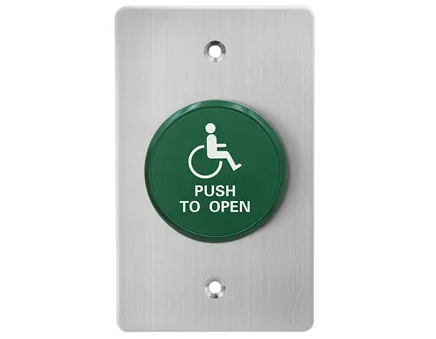 Stainless Steel Wheelchair Symbol Push‑to‑Open Plate with 50 mm Green Low‑Profile Mushroom Button – 12 VDC