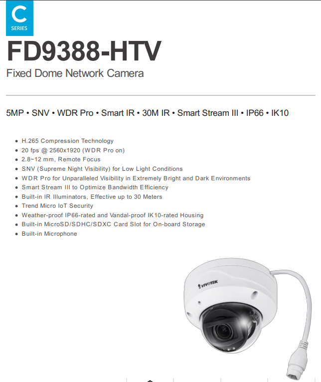 VIVOTEK FD9388-HTV 5MP Fixed Dome Network Camera with Remote Focus Lens, Smart IR, WDR Pro, SNV, Built-in Microphone, PoE, IP66/IK10
