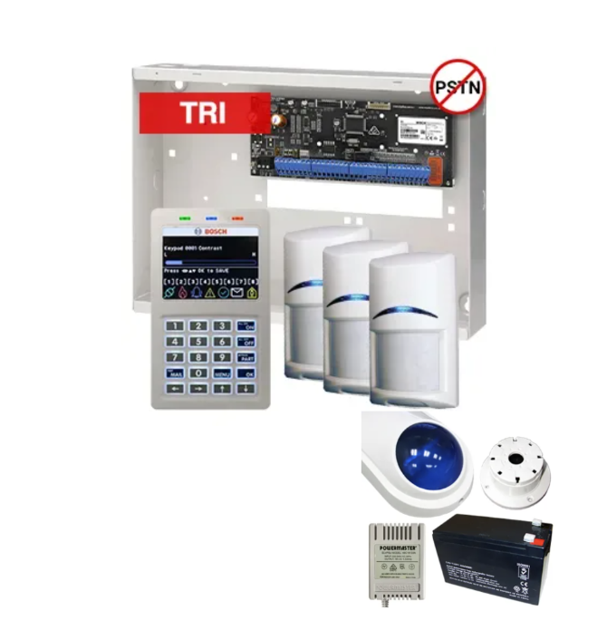 BOSCH Solution 6000 Alarm Kit – CC615PB IP Panel + CP736B Prox LCD Keypad + 3x Tritech Motion Detectors + Siren Kit – K6000-IPS-3TRI