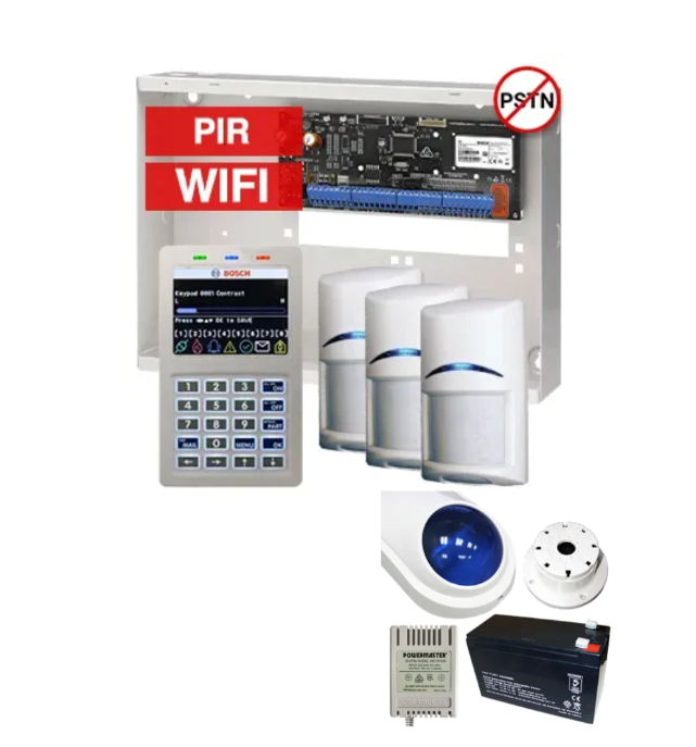 BOSCH Solution 6000 Alarm Kit – CC615PB IP Panel + CP737B WiFi Prox LCD Keypad + 3x PIR Detectors + Siren Kit – K6000-IPW-3PIR