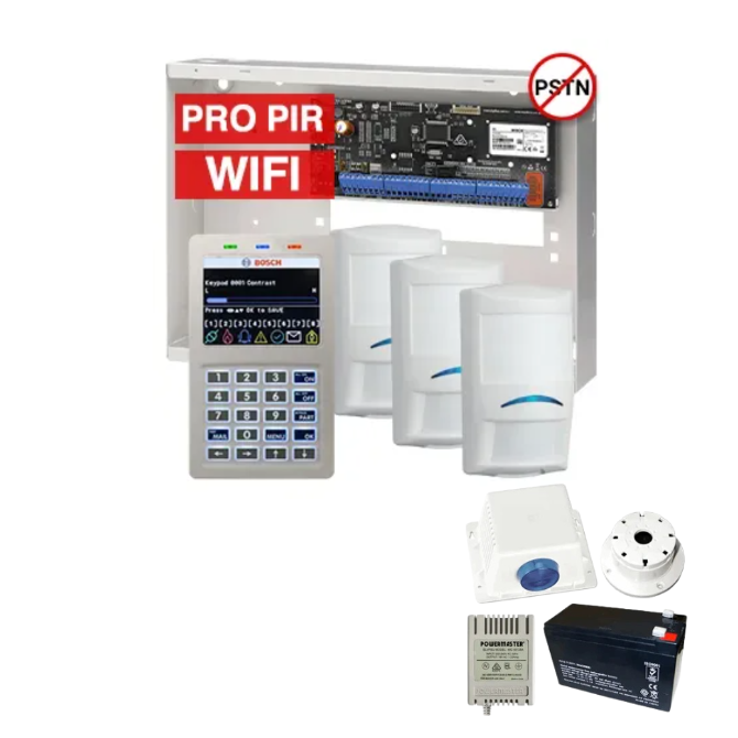 BOSCH Solution 6000 Alarm Kit – CC615PB IP Panel + CP737B WiFi Prox LCD Keypad + 3x Professional PIR Detectors + Siren Kit – K6000-IPW-3PROPIR