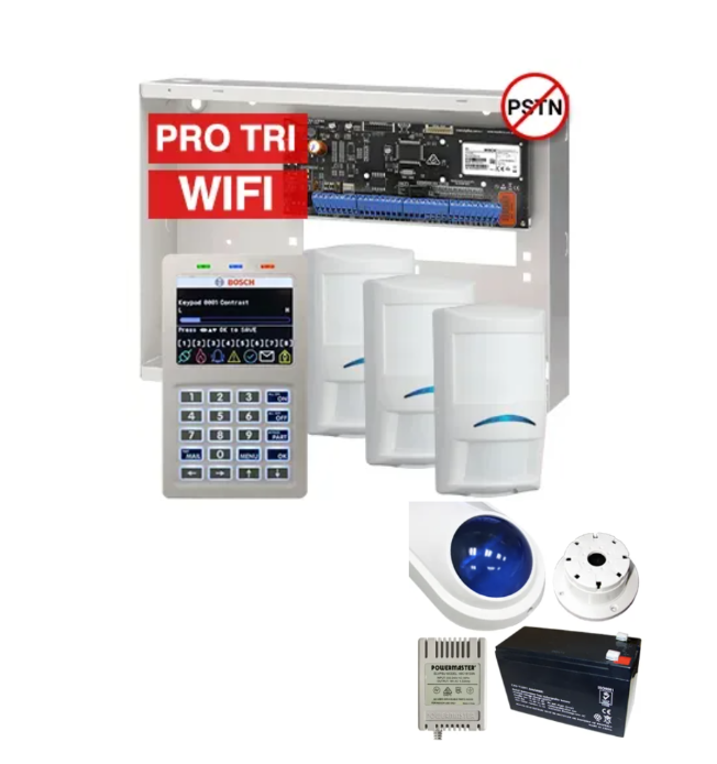 BOSCH Solution 6000 Alarm Kit – CC615PB IP Panel + CP737B WiFi Prox LCD Keypad + 3x Tritech Motion Detectors + Siren Kit – K6000-IPW-3PROTRI