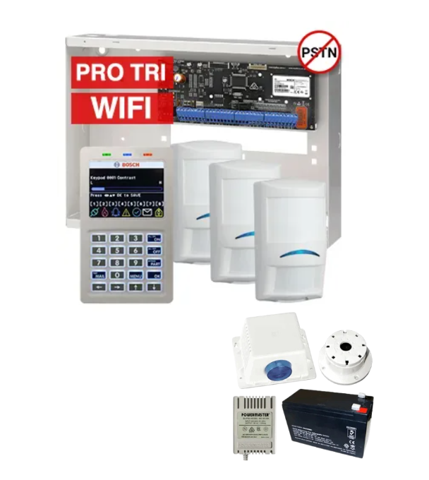BOSCH Solution 6000 Alarm Kit – CC615PB IP Panel + CP737B WiFi Prox LCD Keypad + 3x Tritech Motion Detectors + Siren Kit – K6000-IPW-3PROTRI
