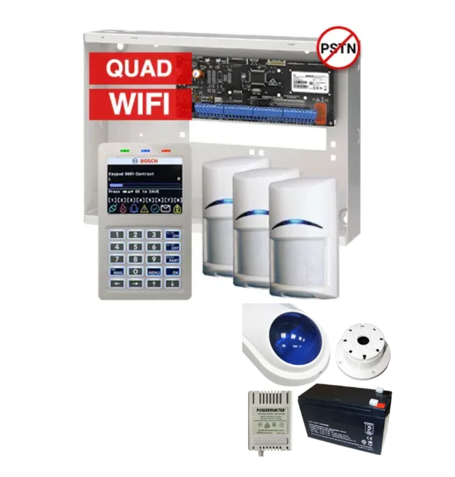 BOSCH Solution 6000 Alarm Kit – CC615PB IP Panel + CP737B WiFi Prox LCD Keypad + 3x Quad PIR Detectors + Siren Kit – K6000-IPW-3QUAD