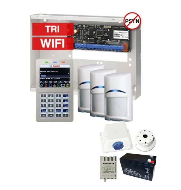 BOSCH Solution 6000 Alarm Kit – CC615PB IP Panel + CP737B WiFi Prox LCD Keypad + 3x Tritech Motion Detectors + Siren Kit – K6000-IPW-3TRI