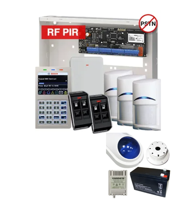 BOSCH Solution 6000 Wireless Alarm Kit – CC615PB IP Panel + CP736B Prox LCD Keypad + 3x RFPR-12 Wireless PIRs + RFRC-STR2 Receiver + 2x Key Fob Transmitters + Siren Kit – K6000-IPS-3WPIR