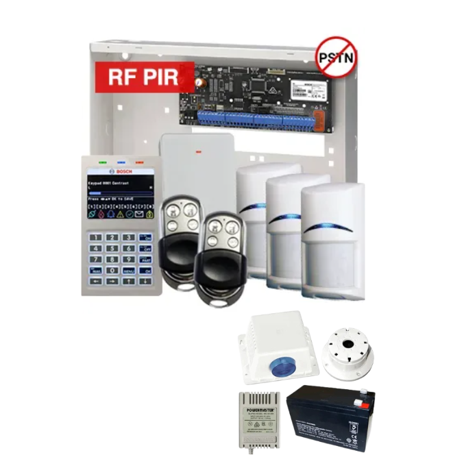 BOSCH Solution 6000 Wireless Alarm Kit – Premium with CC615PB IP Panel + CP736B Prox LCD Keypad + 3x RFPR-12 PIRs + RFRC-STR2 Receiver + 2x HCT4UL Remotes + Siren Kit – K6000-IPS-3WPIR-PREM