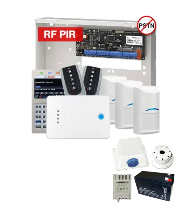 BOSCH Solution 6000 Smart Wireless Alarm Kit – CC615PB IP Panel + CP736B Prox LCD Keypad + 3x RFPR-12 Wireless PIRs + RF120 LAN Receiver + 2x RF110 Smart Remotes + Siren Kit – K6000-IPS-3WPIR-SMART