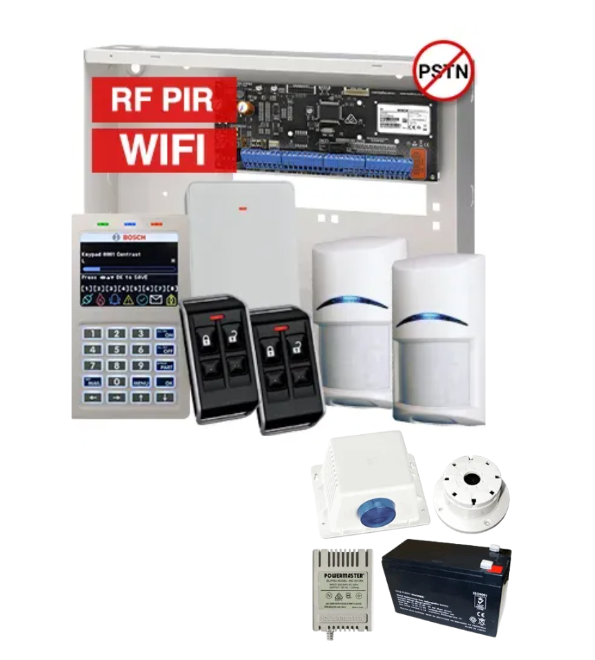 BOSCH Solution 6000 WiFi Wireless Alarm Kit – CC615PB IP Panel + CP737B WiFi Prox LCD Keypad + 2x RFPR-12 Wireless PIRs + RFRC-STR2 Receiver + 2x RFKF-FB Remotes + Siren Kit – K6000-IPW-2WPIR