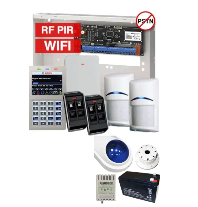 BOSCH Solution 6000 WiFi Wireless Alarm Kit – CC615PB IP Panel + CP737B WiFi Prox LCD Keypad + 2x RFPR-12 Wireless PIRs + RFRC-STR2 Receiver + 2x RFKF-FB Remotes + Siren Kit – K6000-IPW-2WPIR