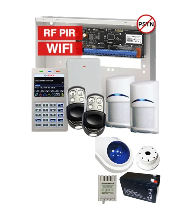 BOSCH Solution 6000 Premium Wireless Alarm Kit – CC615PB IP Panel + CP737B WiFi Prox LCD Keypad + 2x RFPR-12 PIRs + RFRC-STR2 Receiver + 2x HCT-4UL Remotes + Siren Kit – K6000-IPW-2WPIR-PREM