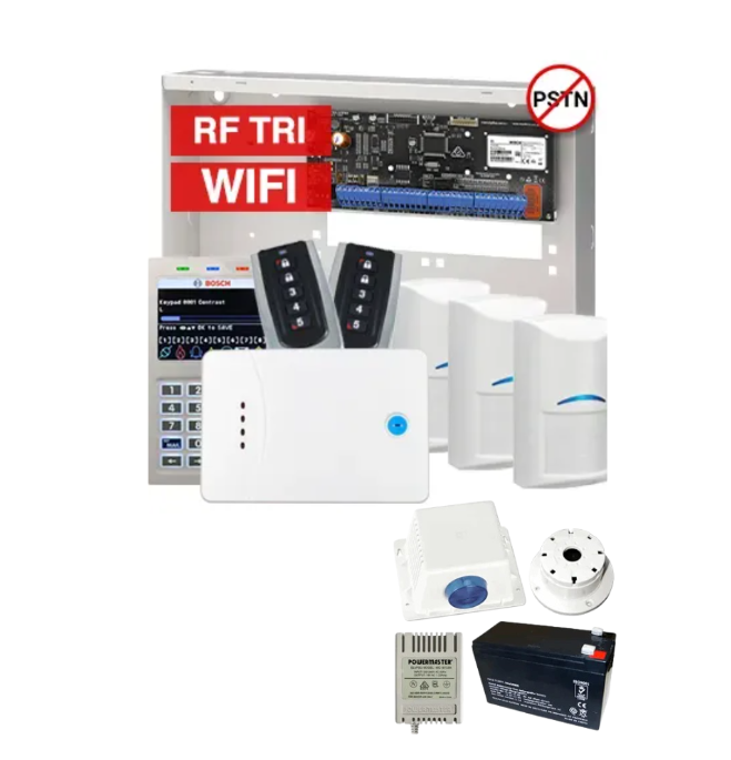 BOSCH Solution 6000 SMART Wireless Alarm Kit – CC615PB IP Panel + CP737B WiFi LCD Prox Keypad + 3x RFDL-11 Tritech Detectors + RF120 Receiver + 2x RF110 Remotes + Siren Kit – K6000-IPW-3WTRI-SMART